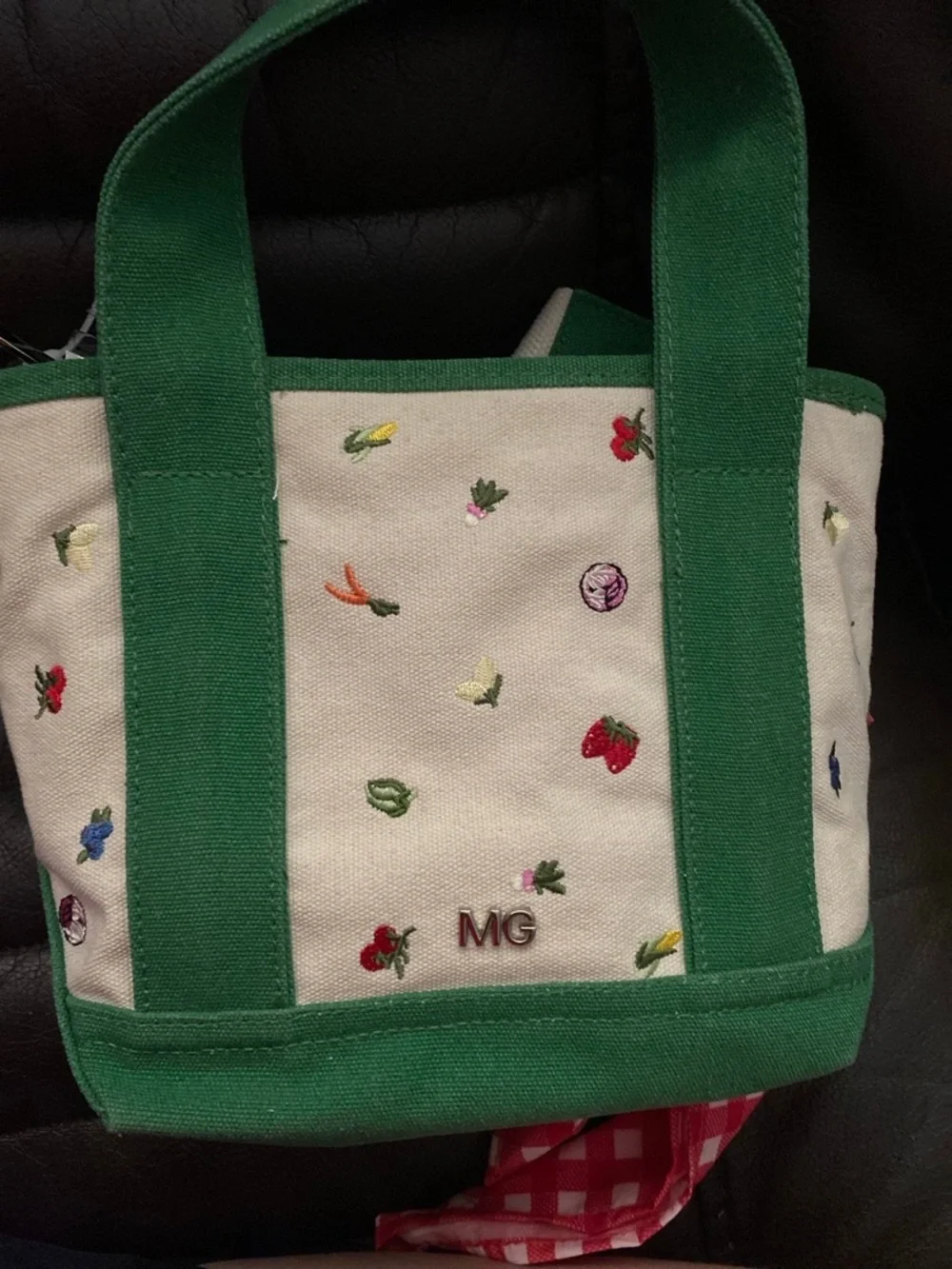 Madden Girl Green and Cream Tote with Red tomatoe Pom & Gingham Scarf scrunchie